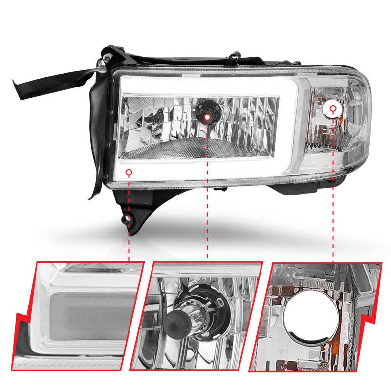 ANZO 94-02 Dodge RAM Crystal Headlight - w/ Light Bar Chrome Housing - Striker Modified