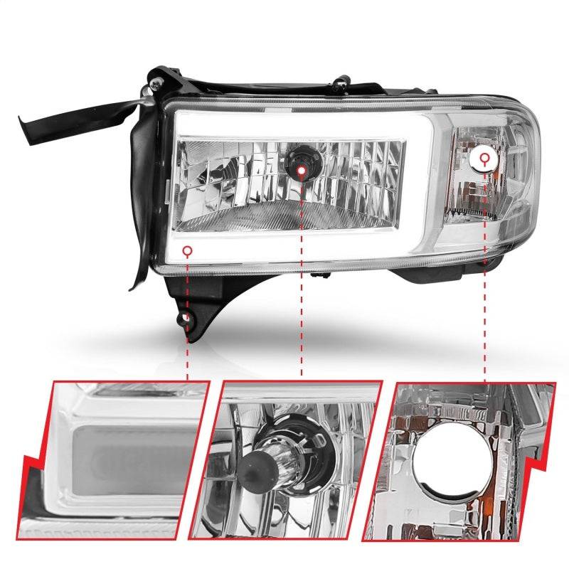 ANZO 94-02 Dodge RAM Crystal Headlight - w/ Light Bar Chrome Housing - Striker Modified