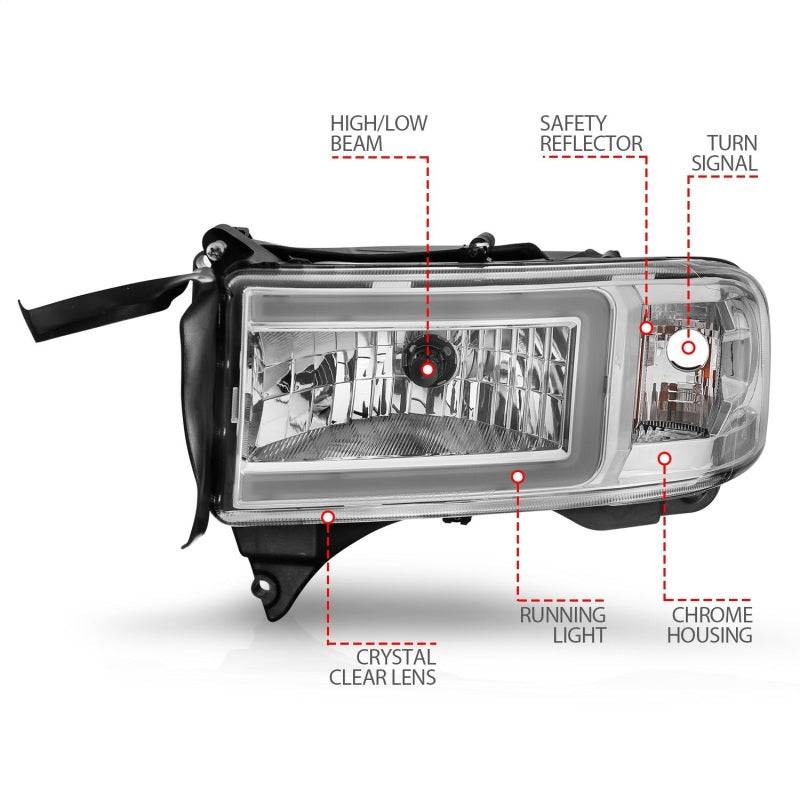 ANZO 94-02 Dodge RAM Crystal Headlight - w/ Light Bar Chrome Housing - Striker Modified