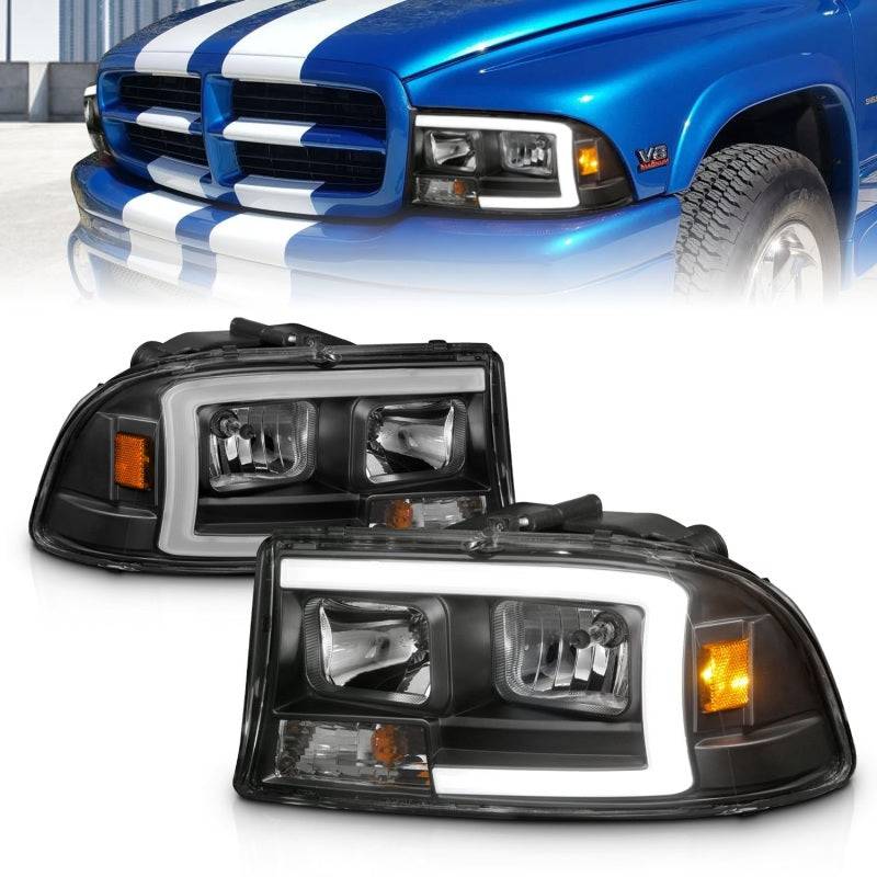ANZO 97-04 Dodge Dakota/Durango Crystal headlight Set w/ Light Bar Black Housing - Striker Modified