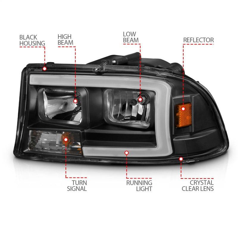 ANZO 97-04 Dodge Dakota/Durango Crystal headlight Set w/ Light Bar Black Housing - Striker Modified