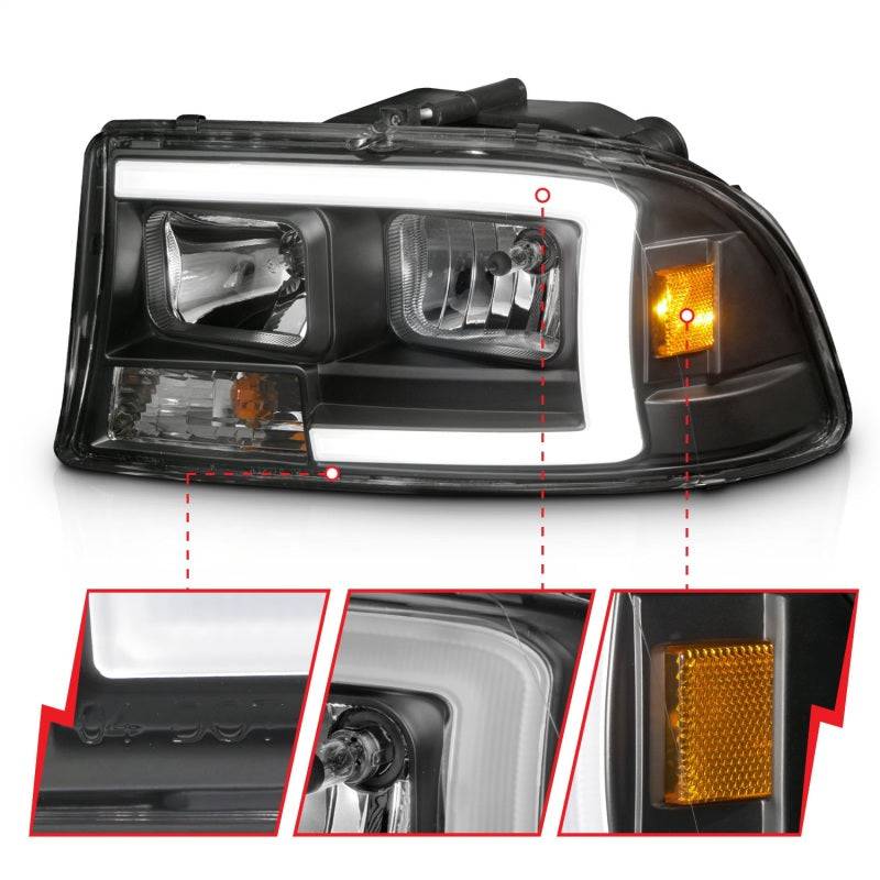 ANZO 97-04 Dodge Dakota/Durango Crystal headlight Set w/ Light Bar Black Housing - Striker Modified