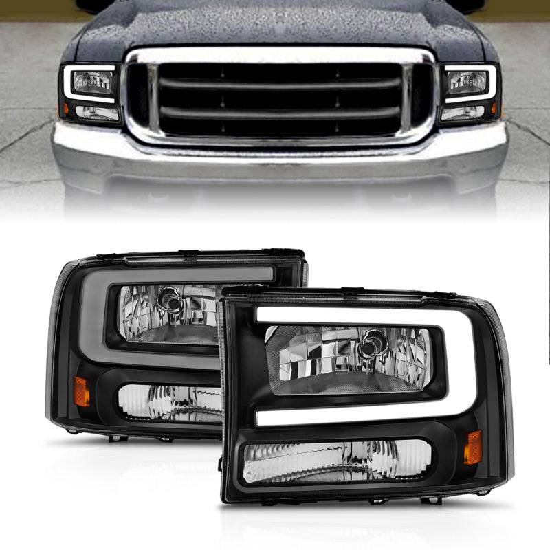 ANZO 99-04 Ford F250/F350/F450/Excursion (excl. 99) Crystal Headlights - w/ Light Bar Black Housing - Striker Modified