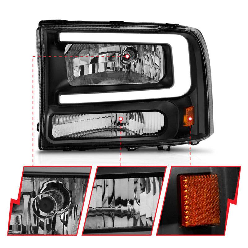 ANZO 99-04 Ford F250/F350/F450/Excursion (excl. 99) Crystal Headlights - w/ Light Bar Black Housing - Striker Modified