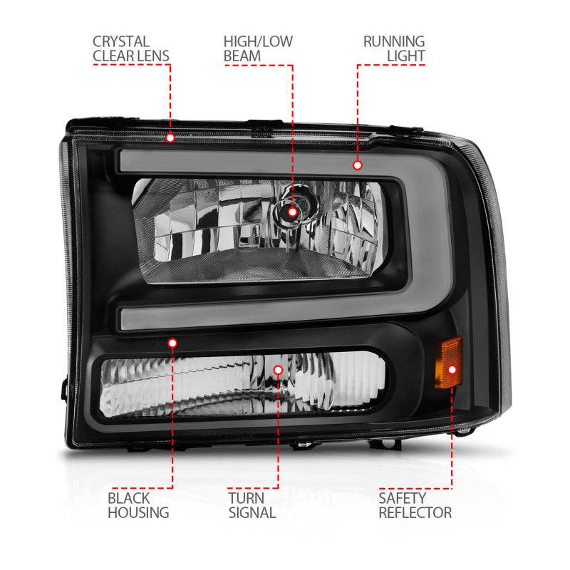 ANZO 99-04 Ford F250/F350/F450/Excursion (excl. 99) Crystal Headlights - w/ Light Bar Black Housing - Striker Modified