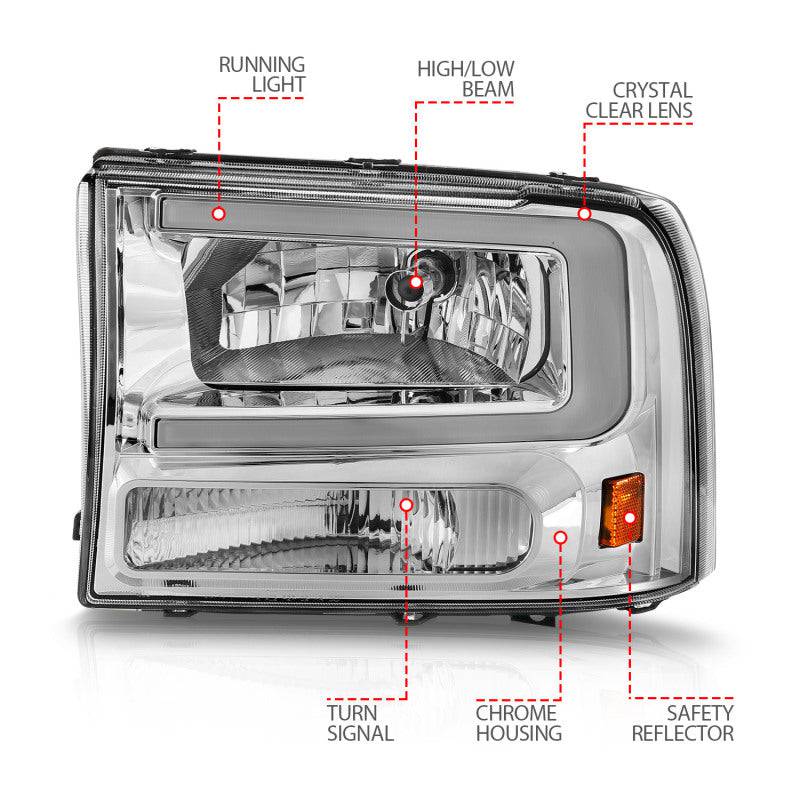 ANZO 99-04 Ford F250/F350/F450/Excursion (excl. 99) Crystal Headlights - w/ Light Bar Chrome Housing - Striker Modified