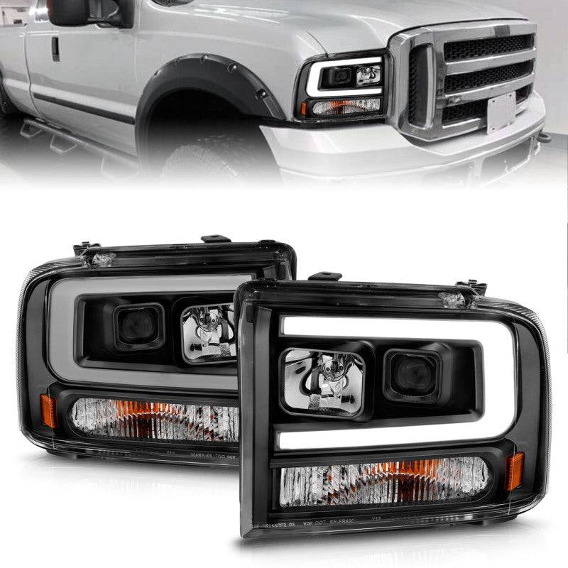 ANZO 99-04 Ford F250/F350/F450/Excursion (excl 99) Projector Headlights - w/ Light Bar Black Housing - Striker Modified