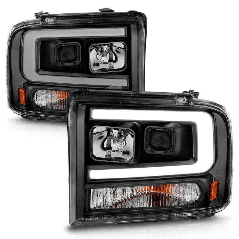 ANZO 99-04 Ford F250/F350/F450/Excursion (excl 99) Projector Headlights - w/ Light Bar Black Housing - Striker Modified