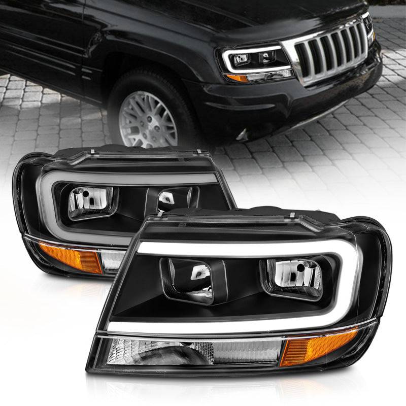 ANZO 99-04 Jeep Grand Cherokee Crystal Headlights - w/ Light Bar Black Housing - Striker Modified