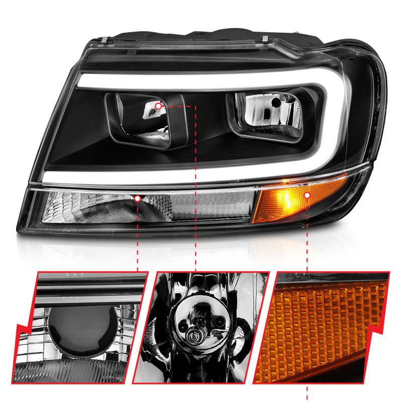 ANZO 99-04 Jeep Grand Cherokee Crystal Headlights - w/ Light Bar Black Housing - Striker Modified