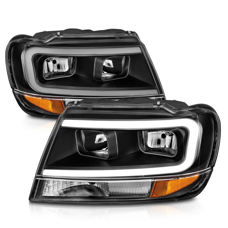 ANZO 99-04 Jeep Grand Cherokee Crystal Headlights - w/ Light Bar Black Housing - Striker Modified