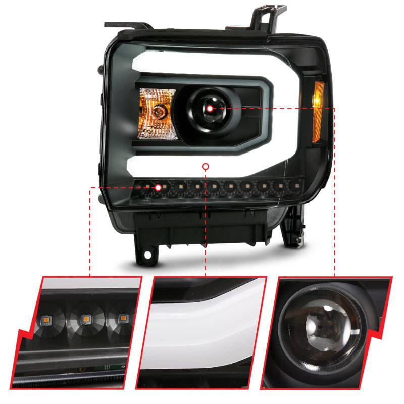ANZO GMC SIERRA 1500 14-15 2500H/15-19 Projector Headlight Plank Style Black w/ Switchback (Halogen) - Striker Modified
