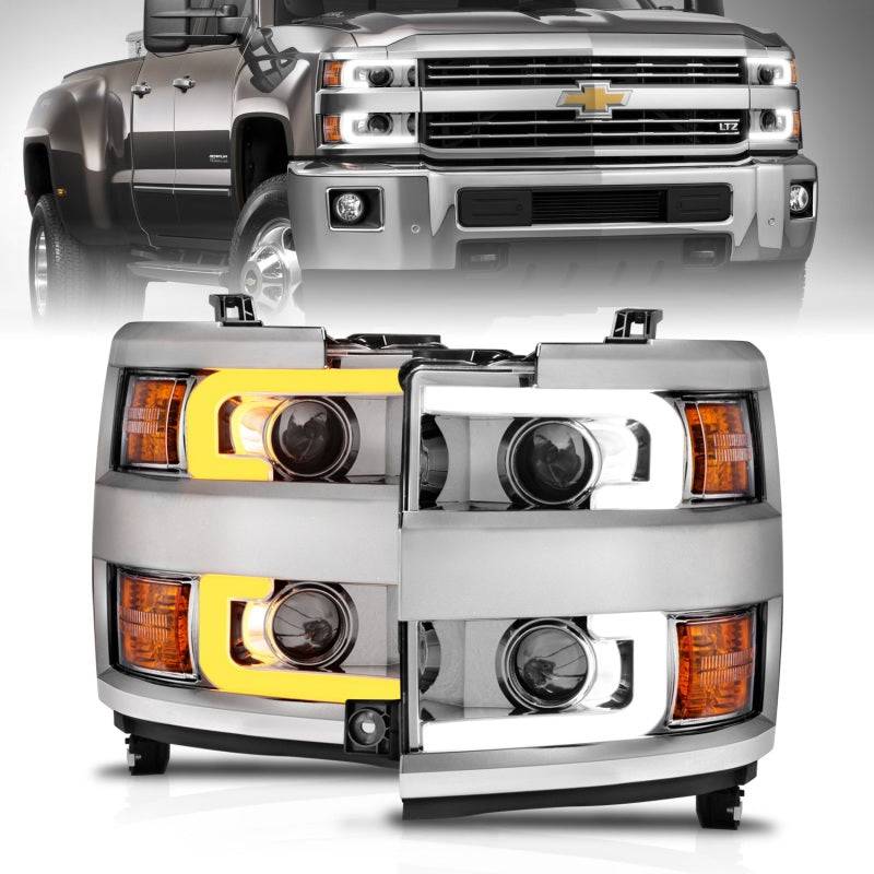 ANZO Projector Headlights 15-17 Chevrolet Silverado 2500HD / 3500HD Chrome w/ Chrome Rim - Striker Modified