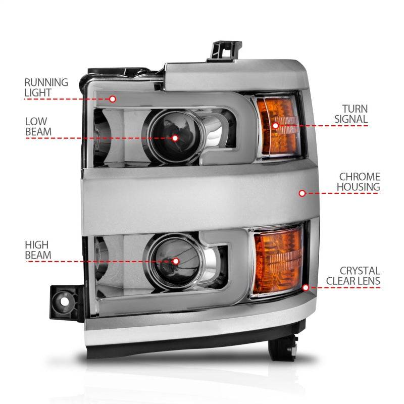 ANZO Projector Headlights 15-17 Chevrolet Silverado 2500HD / 3500HD Chrome w/ Chrome Rim - Striker Modified