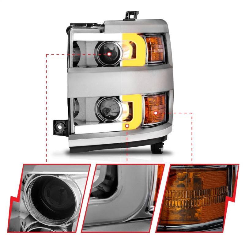 ANZO Projector Headlights 15-17 Chevrolet Silverado 2500HD / 3500HD Chrome w/ Chrome Rim - Striker Modified