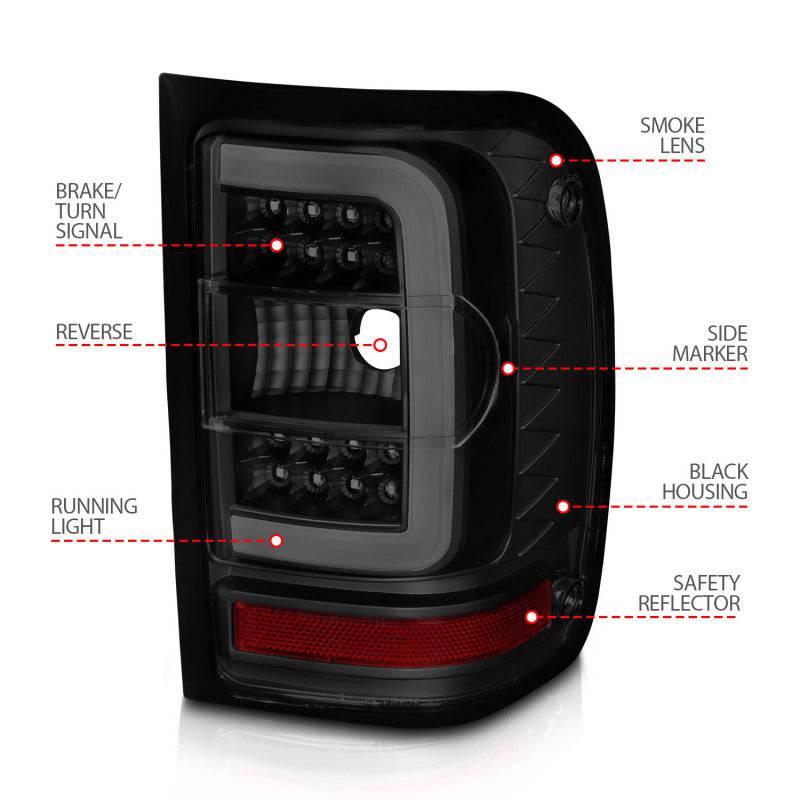 ANZO 01-11 Ford Ranger LED Taillights - Black Housing w/ Smoke Lens & Light Bar - Striker Modified