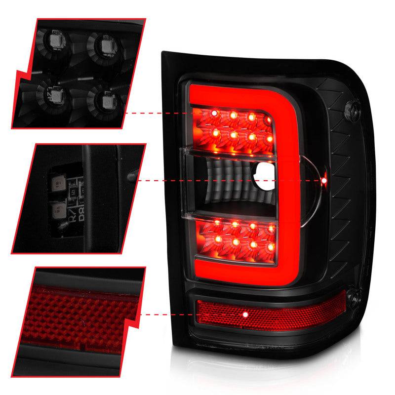 ANZO 01-11 Ford Ranger LED Taillights - Black Housing w/ Smoke Lens & Light Bar - Striker Modified