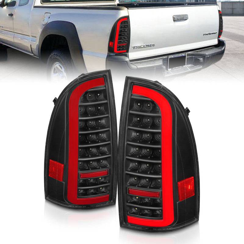 ANZO 05-15 Toyota Tacoma Full LED Tail Lights w/Light Bar Sequential Black Housing Clear Lens - Striker Modified
