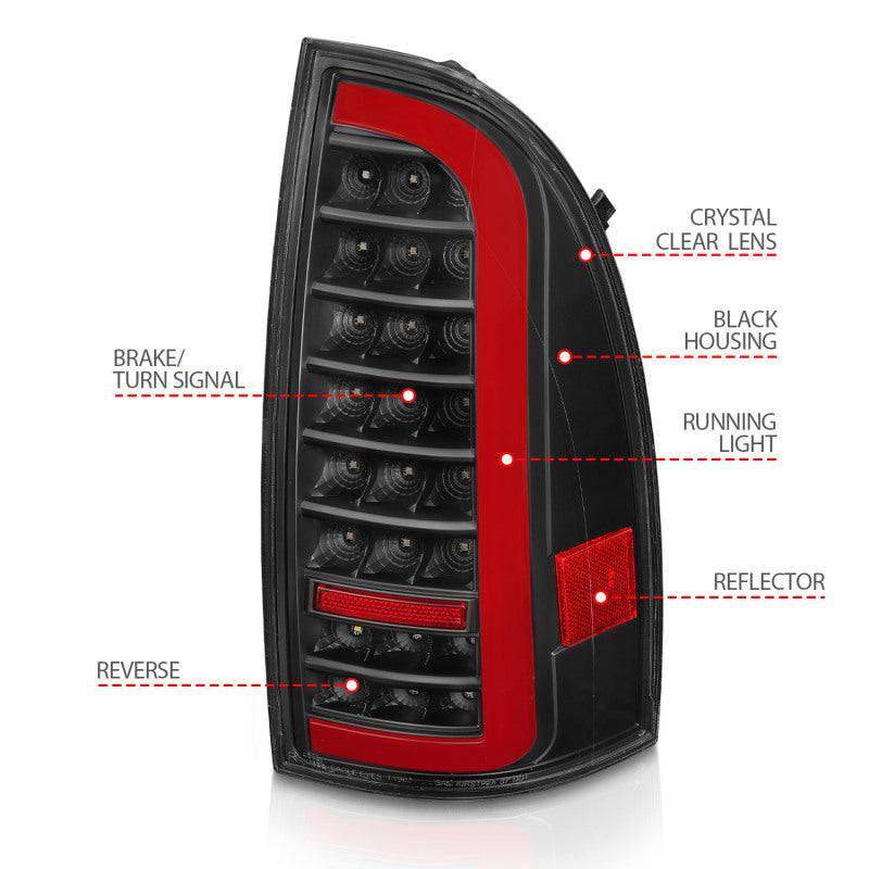 ANZO 05-15 Toyota Tacoma Full LED Tail Lights w/Light Bar Sequential Black Housing Clear Lens - Striker Modified