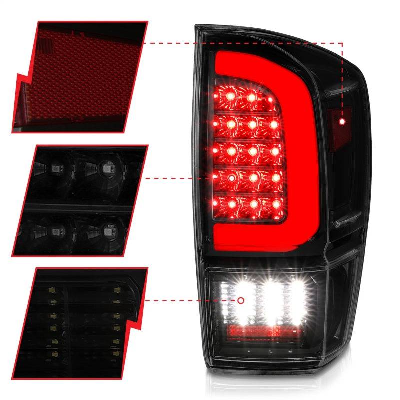 ANZO 16-21 Toyota Tacoma LED Tail Lights - w/ Light Bar Sequential Black Housing & Smoke Lens - Striker Modified