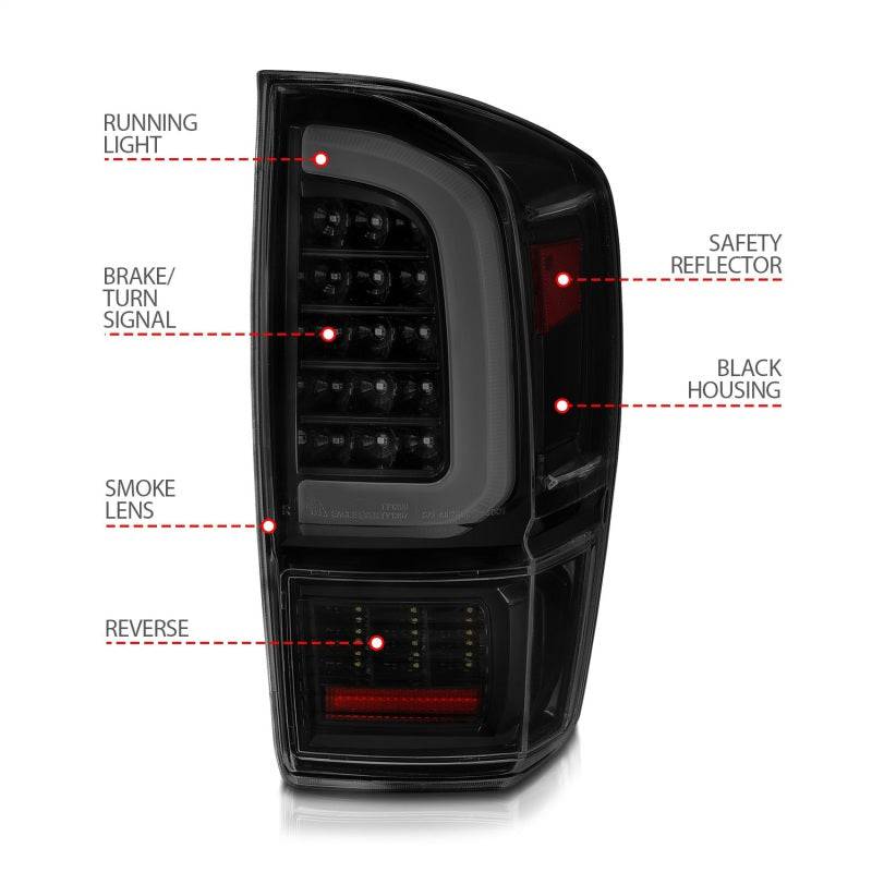 ANZO 16-21 Toyota Tacoma LED Tail Lights - w/ Light Bar Sequential Black Housing & Smoke Lens - Striker Modified