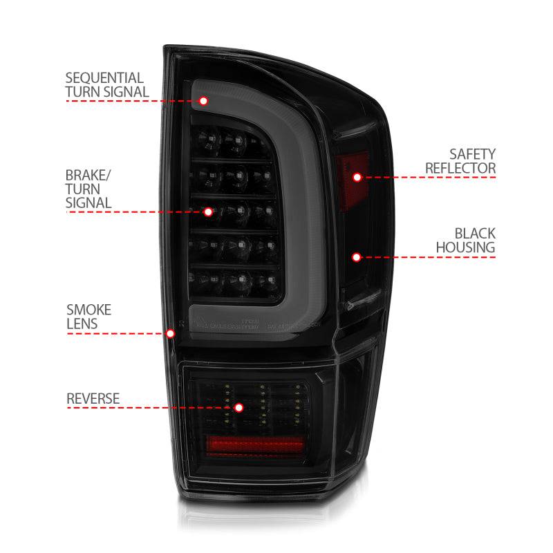 ANZO 16-21 Toyota Tacoma LED Tail Lights - w/ Light Bar Sequential Black Housing & Smoke Lens - Striker Modified