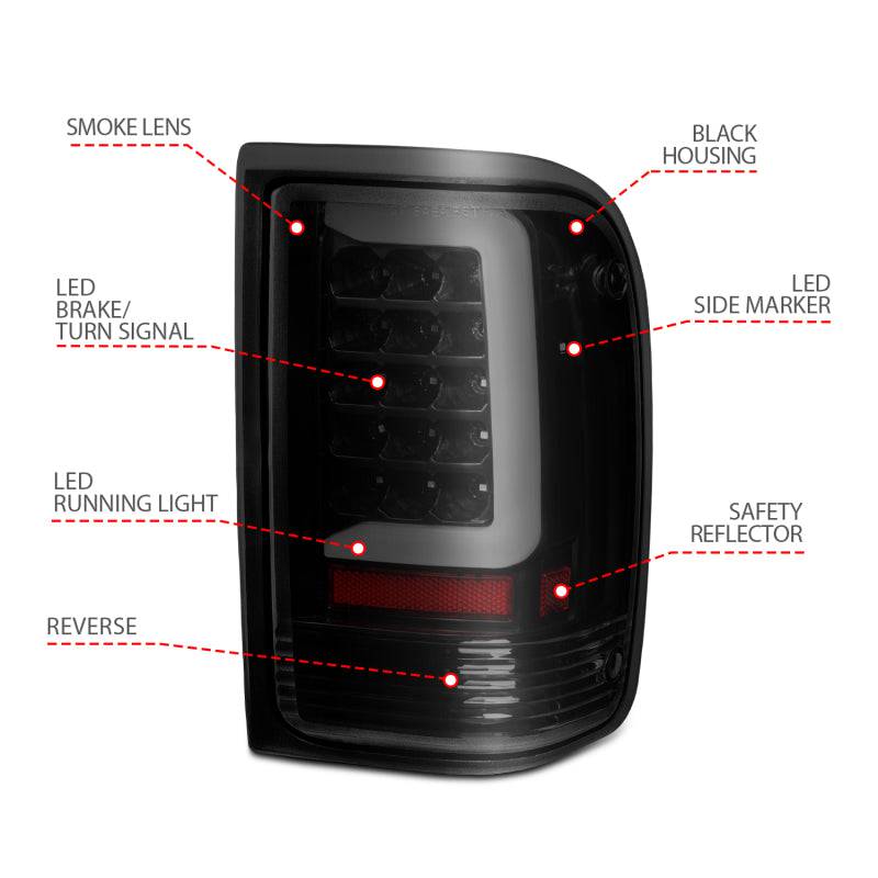ANZO 1993-1997 Ford  Ranger LED Tail Lights w/ Light Bar Black Housing Smoked Lens - Striker Modified
