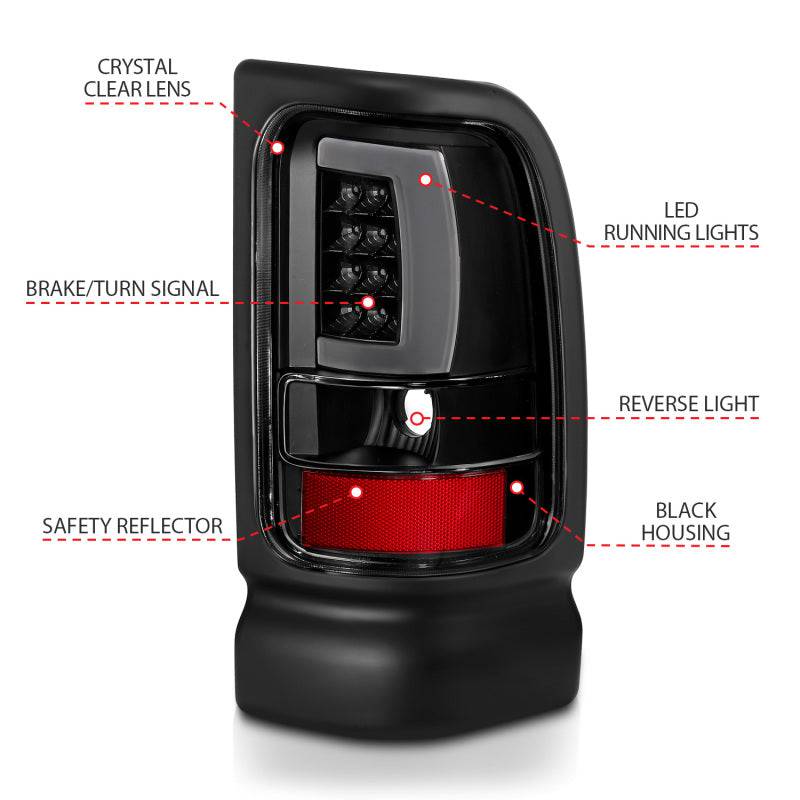 ANZO 1994-2001 Dodge Ram 1500 LED Taillights Plank Style Black w/Clear Lens - Striker Modified
