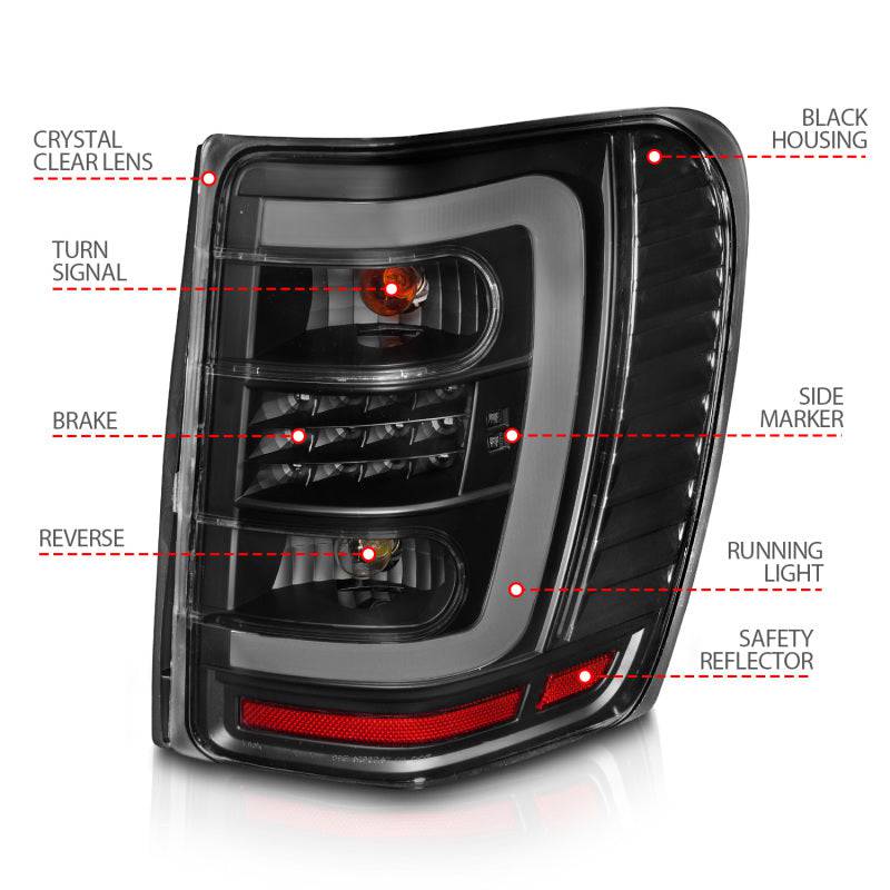 ANZO 1999-2004 Jeep Grand Cherokee LED Tail Lights w/ Light Bar Black Housing Clear Lens - Striker Modified