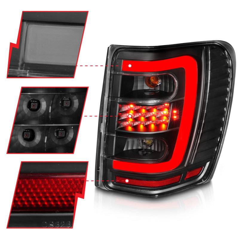 ANZO 1999-2004 Jeep Grand Cherokee LED Tail Lights w/ Light Bar Black Housing Clear Lens - Striker Modified