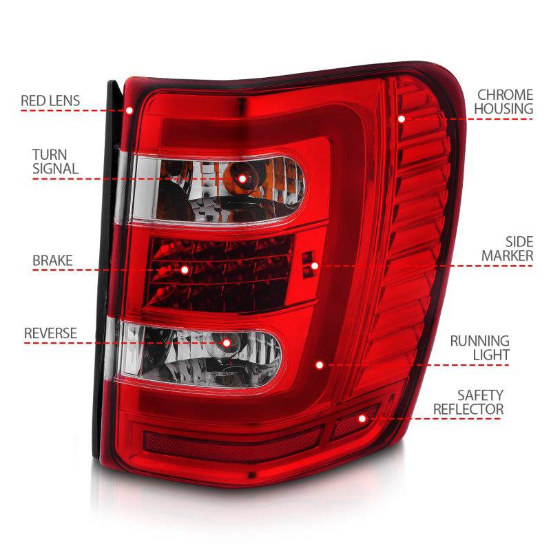 ANZO 1999-2004 Jeep Grand Cherokee LED Tail Lights w/ Light Bar Chrome Housing Red/Clear Lens - Striker Modified