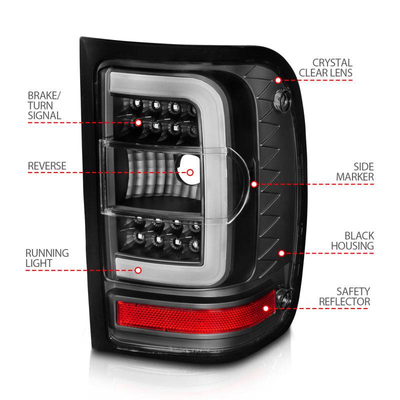 ANZO 2001-2011 Ford  Ranger LED Tail Lights w/ Light Bar Black Housing Clear Lens - Striker Modified