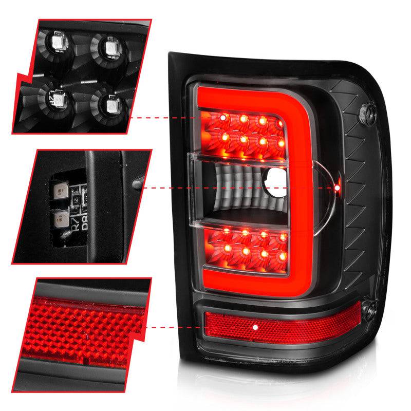 ANZO 2001-2011 Ford  Ranger LED Tail Lights w/ Light Bar Black Housing Clear Lens - Striker Modified