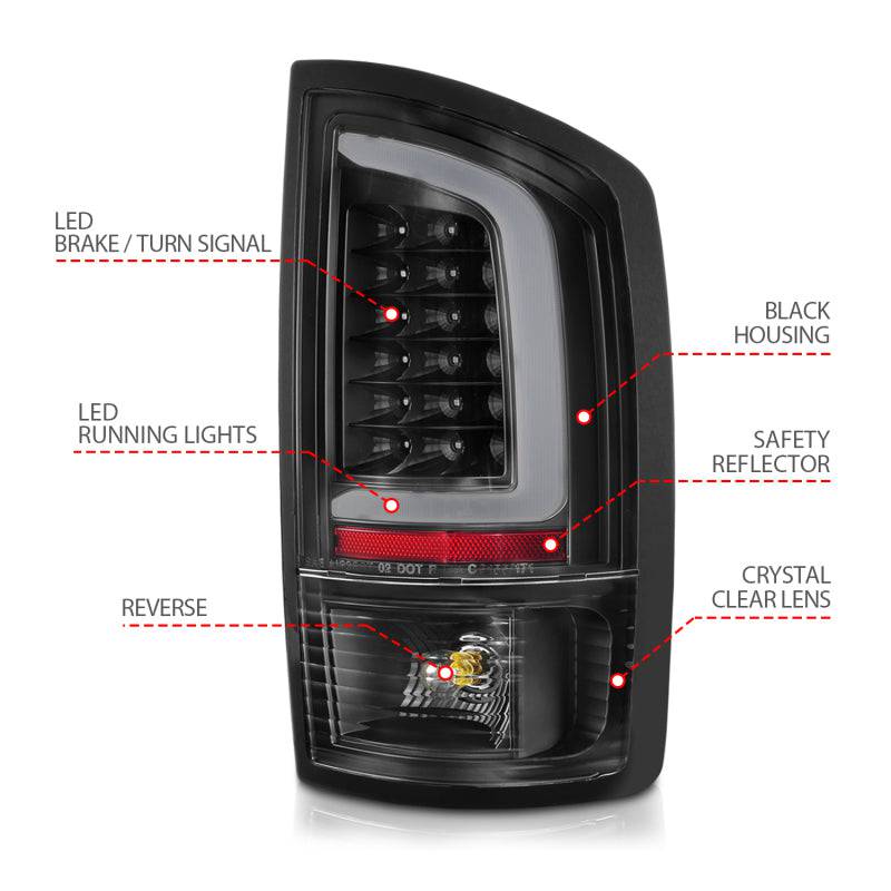 ANZO 2002-2006 Dodge  Ram 1500 LED Tail Lights w/ Light Bar Black Housing Clear Lens - Striker Modified