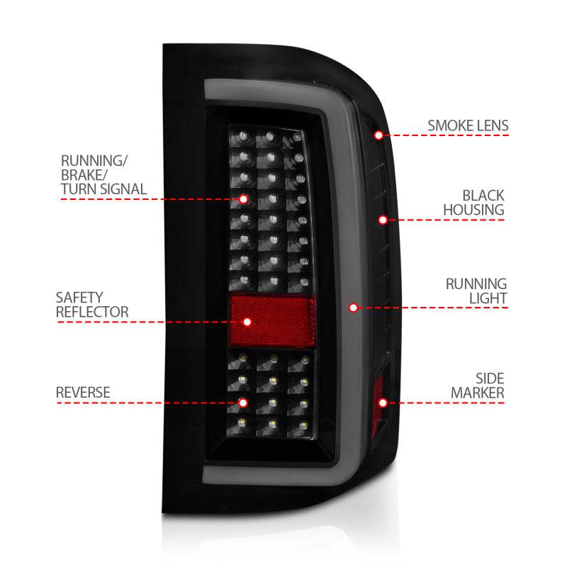 ANZO 2007-2013 Chevrolet Silverado1500/ 2500/ 3500 LED Tail Lights w/ Light Bar Black Housing Smoke - Striker Modified