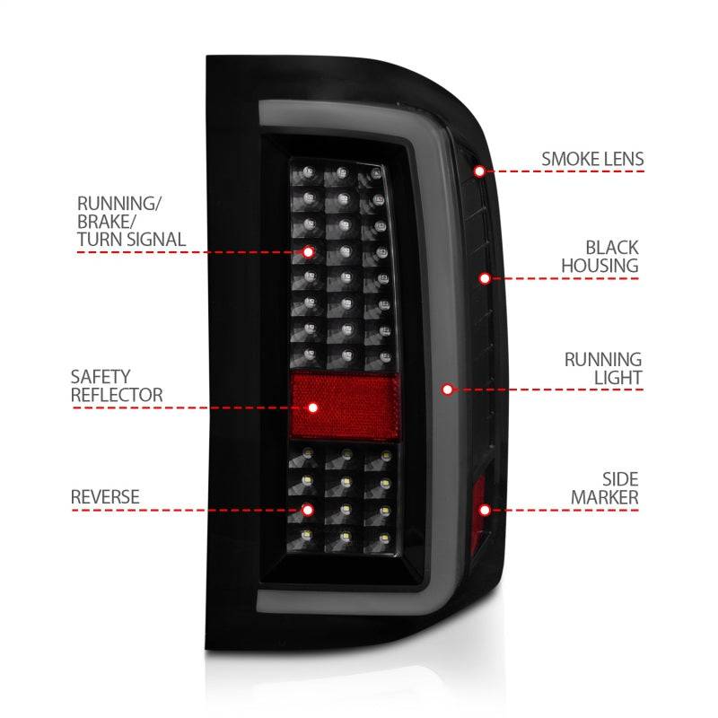 ANZO 2007-2013 Chevrolet Silverado1500/ 2500/ 3500 LED Tail Lights w/ Light Bar Black Housing Smoke - Striker Modified