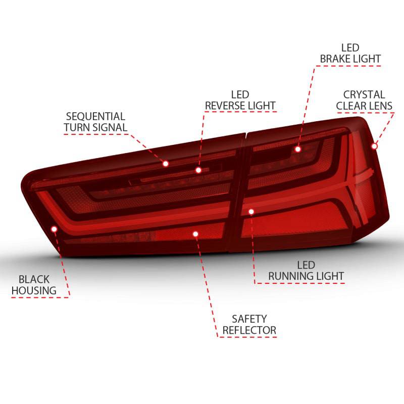 ANZO 2012-2018 Audi A6 LED Taillight Black Housing Red/Clear Lens 4 pcs (Sequential Signal) - Striker Modified