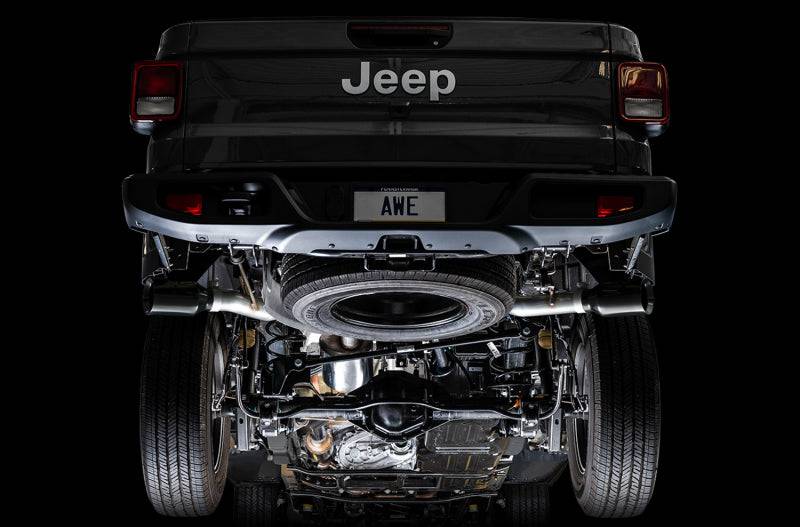 AWE Tuning 20-21 Jeep Gladiator JT 3.6L Tread Edition Cat-Back Dual Exhaust - Diamond Black Tip - Striker Modified