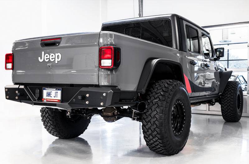 AWE Tuning 20-21 Jeep Gladiator JT 3.6L Tread Edition Cat-Back Dual Exhaust - Diamond Black Tip - Striker Modified