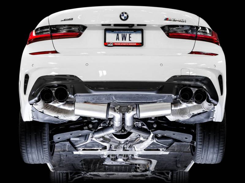 AWE Tuning 2019+ BMW M340i (G20) Resonated Touring Edition Exhaust - Quad Diamond Black Tips - Striker Modified