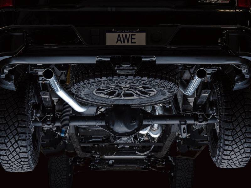 AWE Tuning 22-23 GMC Sierra 1500 AT4X 6.2L 0FG Catback Split Dual (Flat Bumper) - Bashguard(No Tips) - Striker Modified