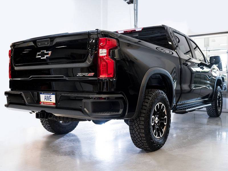 AWE Tuning 22-23 GMC Sierra 1500 AT4X 6.2L 0FG Catback Split Dual (Flat Bumper) - Bashguard(No Tips) - Striker Modified