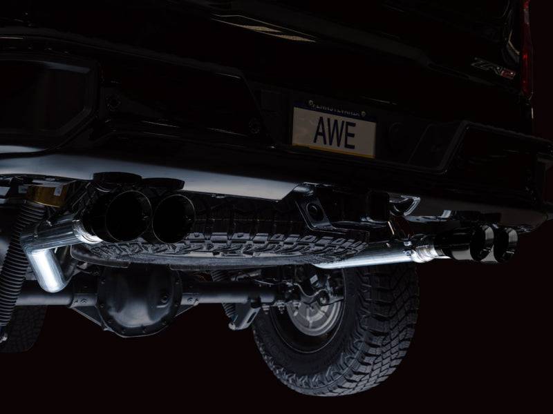 AWE Tuning 22-23 GMC Sierra 1500 AT4X 6.2L 0FG Catback Split Dual (Flat Bumper) - Diamond Black Tips - Striker Modified