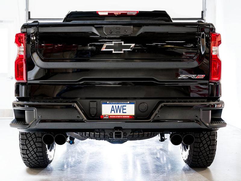 AWE Tuning 22-23 GMC Sierra 1500 AT4X 6.2L 0FG Catback Split Dual (Flat Bumper) - Diamond Black Tips - Striker Modified