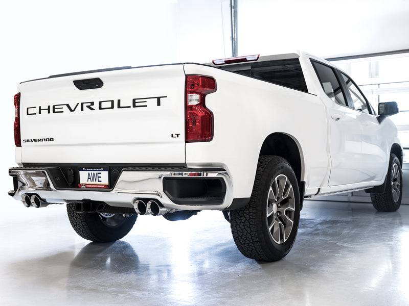 AWE Tuning 4th Gen GM 1500 5.3L 0FG Catback Split Rear Exit (w/ Bumper Cutouts) - Quad Chrome Tips - Striker Modified
