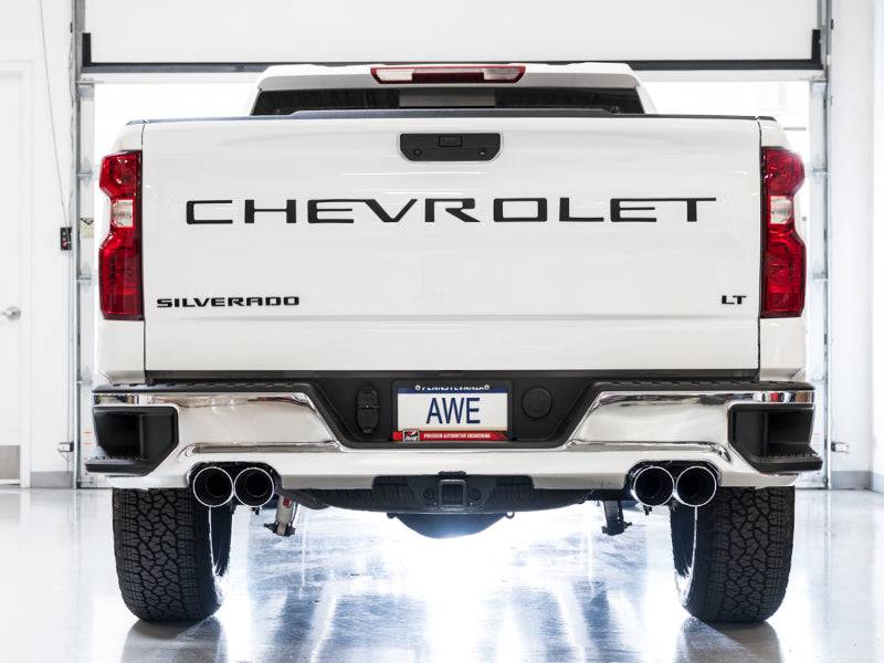 AWE Tuning 4th Gen GM 1500 5.3L 0FG Catback Split Rear Exit (w/ Bumper Cutouts) - Quad Chrome Tips - Striker Modified