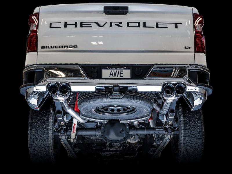 AWE Tuning 4th Gen GM 1500 5.3L 0FG Catback Split Rear Exit (w/ Bumper Cutouts) - Quad Chrome Tips - Striker Modified