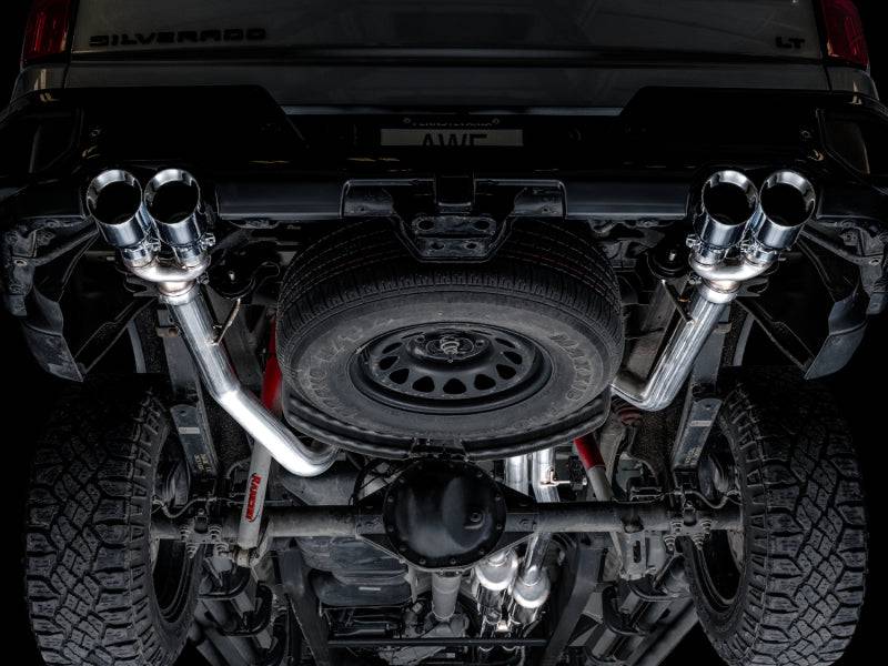 AWE Tuning 4th Gen GM 1500 6.2L 0FG Catback Split Rear Exit (w/ Bumper Cutouts) - Quad Chrome Tips - Striker Modified