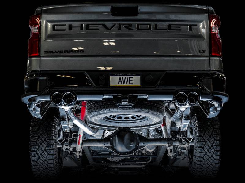 AWE Tuning 4th Gen GM 1500 6.2L 0FG Catback Split Rear Exit (w/ Bumper Cutouts) - Quad Chrome Tips - Striker Modified