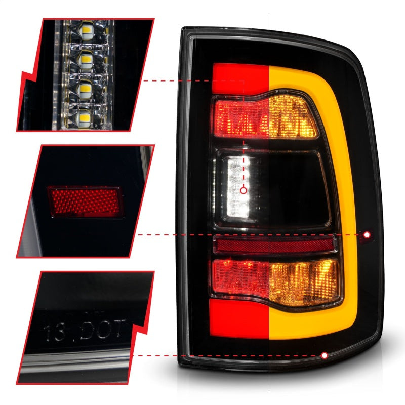ANZO 09-18 Dodge Ram 1500 Sequential LED Taillights Smoke Black w/Switchback Amber Signal - Striker Modified